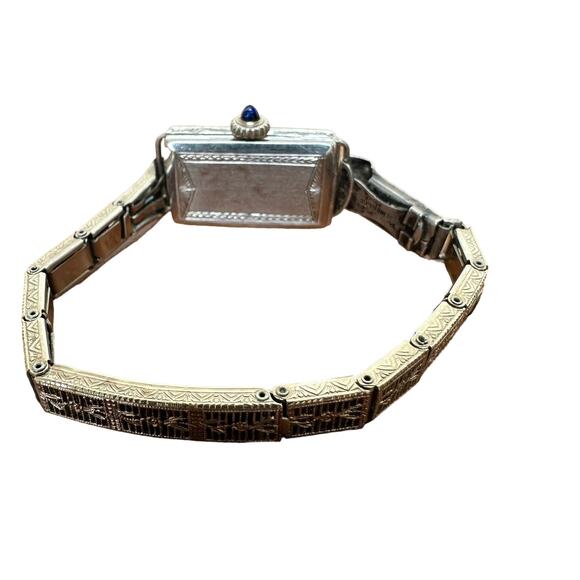 Vintage 1920s Glycine Platinum Diamond & Sapphire Watch - Sterling Silver Band main image 10